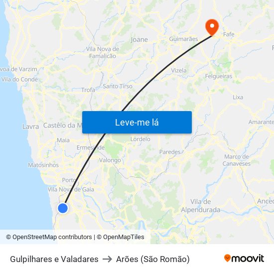 Gulpilhares e Valadares to Arões (São Romão) map