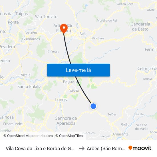 Vila Cova da Lixa e Borba de Godim to Arões (São Romão) map