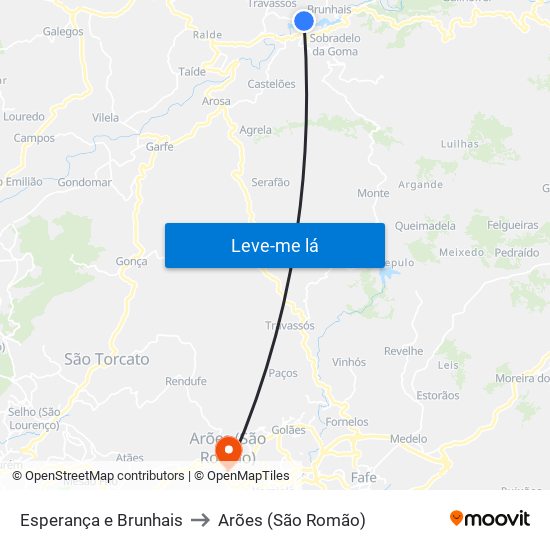 Esperança e Brunhais to Arões (São Romão) map