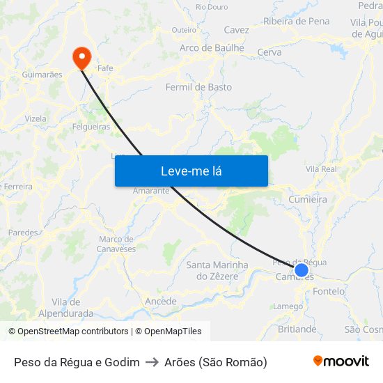 Peso da Régua e Godim to Arões (São Romão) map