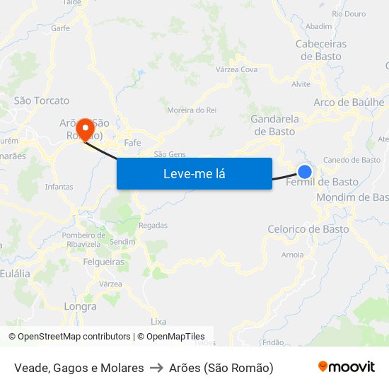 Veade, Gagos e Molares to Arões (São Romão) map