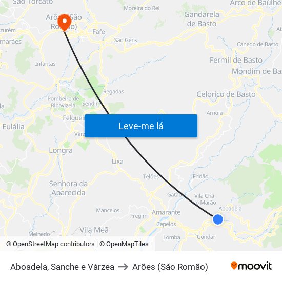 Aboadela, Sanche e Várzea to Arões (São Romão) map