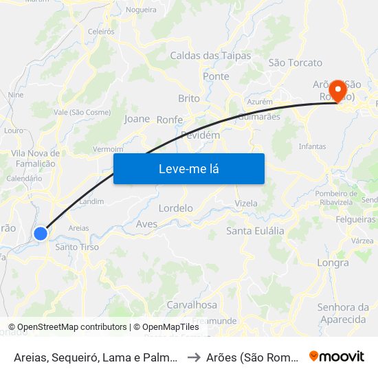 Areias, Sequeiró, Lama e Palmeira to Arões (São Romão) map