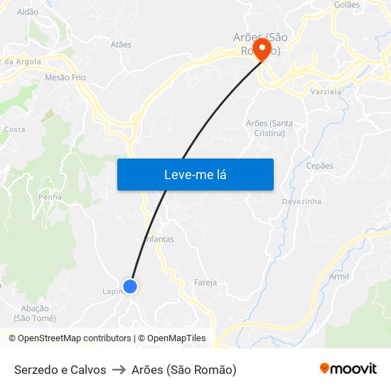 Serzedo e Calvos to Arões (São Romão) map