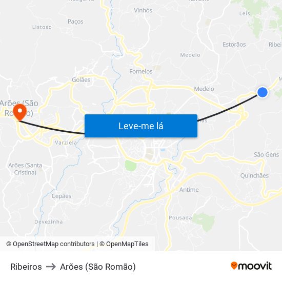 Ribeiros to Arões (São Romão) map