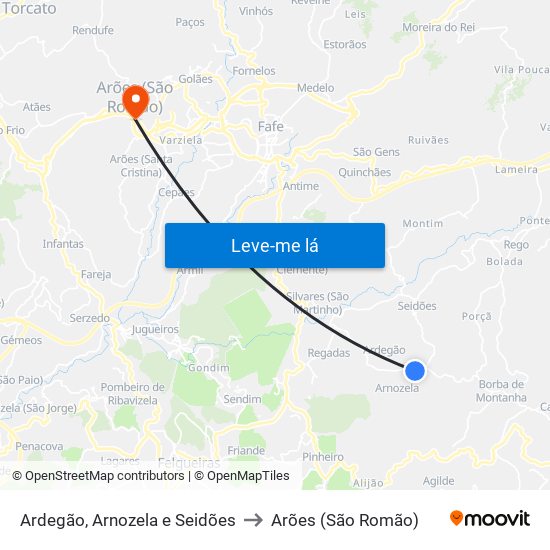 Ardegão, Arnozela e Seidões to Arões (São Romão) map