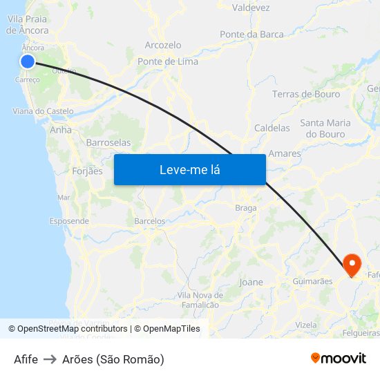 Afife to Arões (São Romão) map