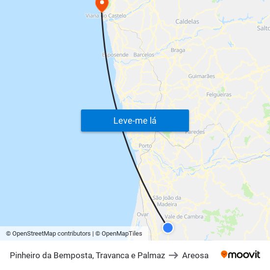 Pinheiro da Bemposta, Travanca e Palmaz to Areosa map