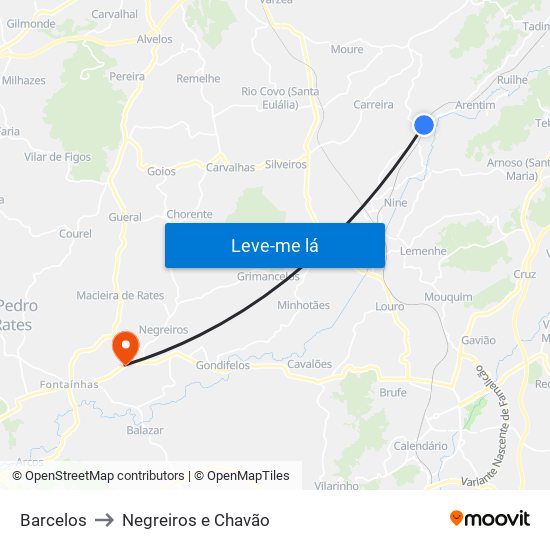 Barcelos to Negreiros e Chavão map