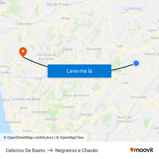 Celorico De Basto to Negreiros e Chavão map