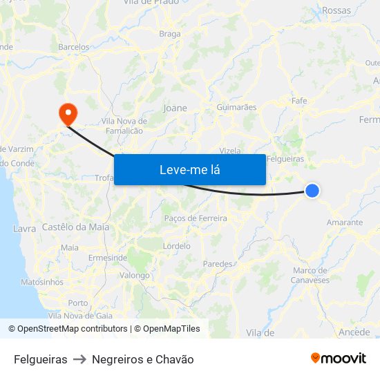Felgueiras to Negreiros e Chavão map