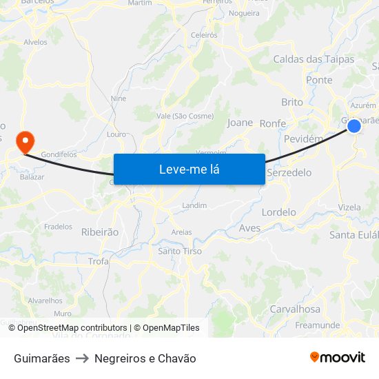 Guimarães to Negreiros e Chavão map