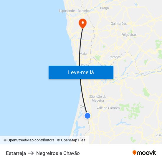 Estarreja to Negreiros e Chavão map
