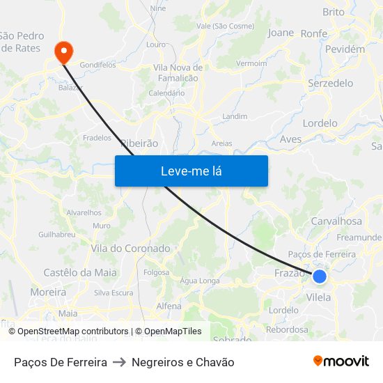 Paços De Ferreira to Negreiros e Chavão map