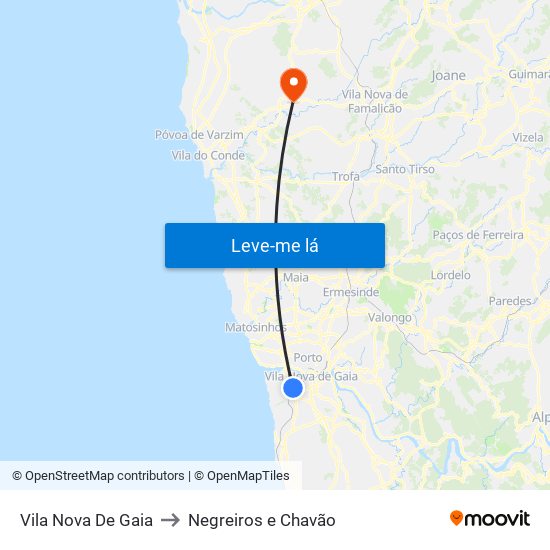 Vila Nova De Gaia to Negreiros e Chavão map