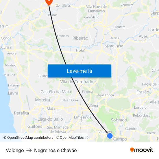 Valongo to Negreiros e Chavão map