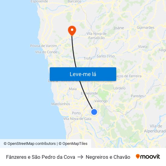 Fânzeres e São Pedro da Cova to Negreiros e Chavão map