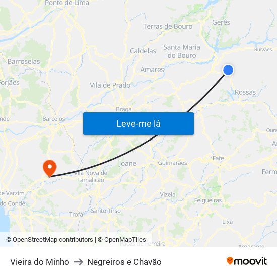 Vieira do Minho to Negreiros e Chavão map