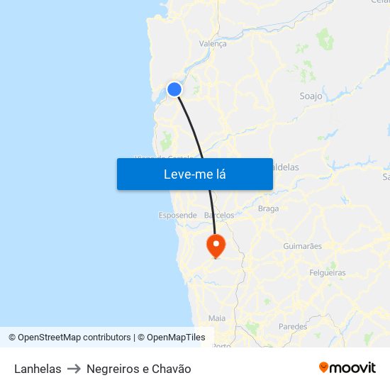 Lanhelas to Negreiros e Chavão map