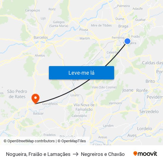 Nogueira, Fraião e Lamaçães to Negreiros e Chavão map
