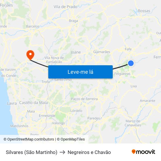 Silvares (São Martinho) to Negreiros e Chavão map