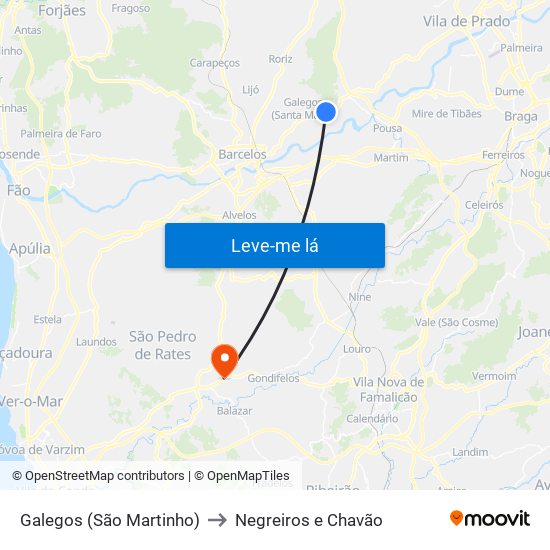 Galegos (São Martinho) to Negreiros e Chavão map