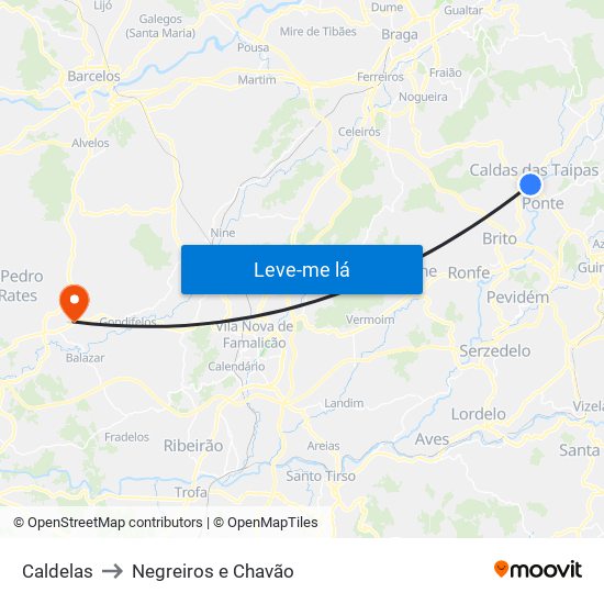 Caldelas to Negreiros e Chavão map
