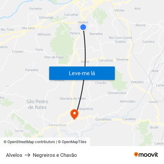 Alvelos to Negreiros e Chavão map