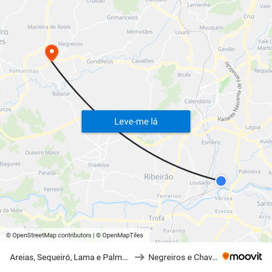 Areias, Sequeiró, Lama e Palmeira to Negreiros e Chavão map