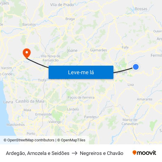 Ardegão, Arnozela e Seidões to Negreiros e Chavão map