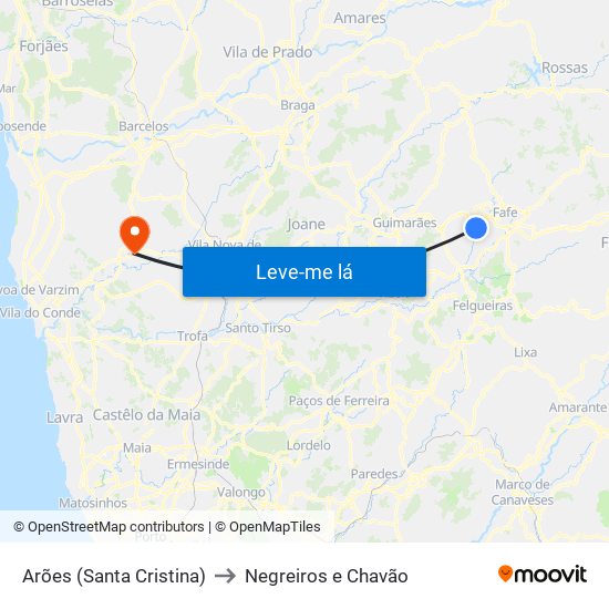 Arões (Santa Cristina) to Negreiros e Chavão map