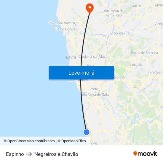 Espinho to Negreiros e Chavão map