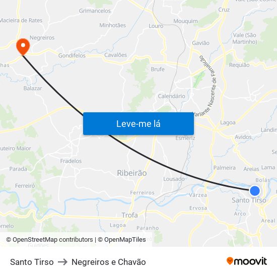 Santo Tirso to Negreiros e Chavão map