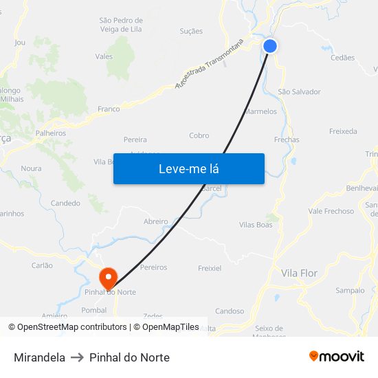 Mirandela to Pinhal do Norte map