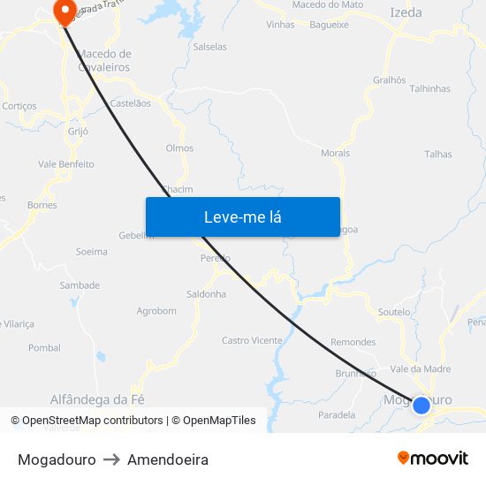Mogadouro to Amendoeira map