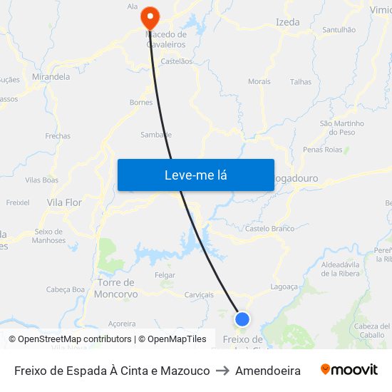 Freixo de Espada À Cinta e Mazouco to Amendoeira map