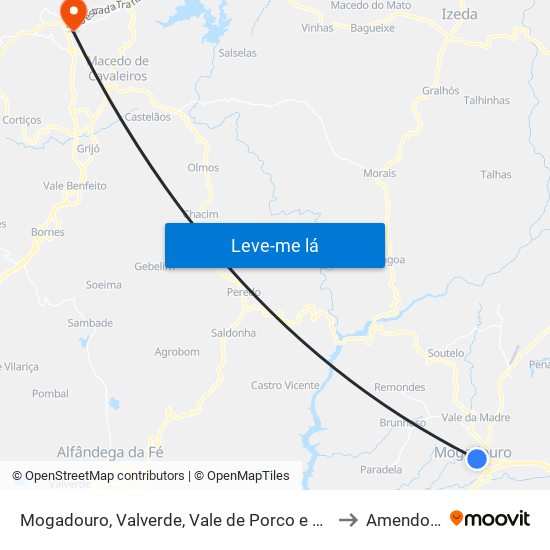 Mogadouro, Valverde, Vale de Porco e Vilar de Rei to Amendoeira map