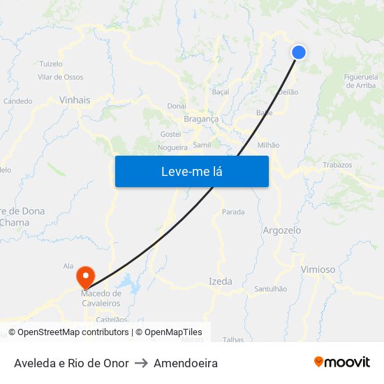 Aveleda e Rio de Onor to Amendoeira map