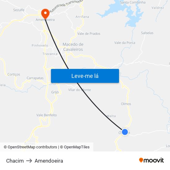 Chacim to Amendoeira map