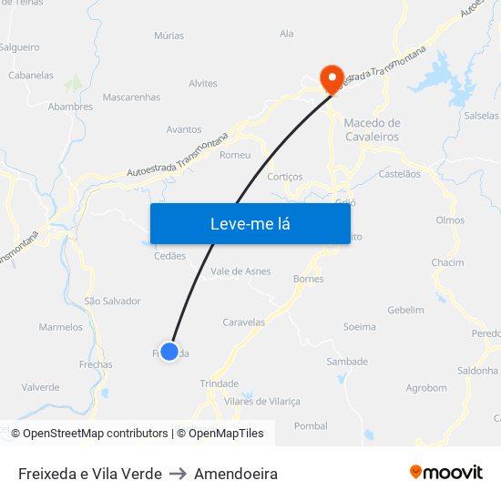 Freixeda e Vila Verde to Amendoeira map