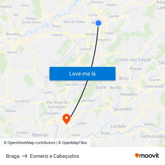 Braga to Esmeriz e Cabeçudos map