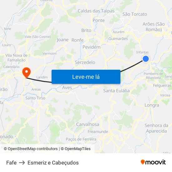 Fafe to Esmeriz e Cabeçudos map