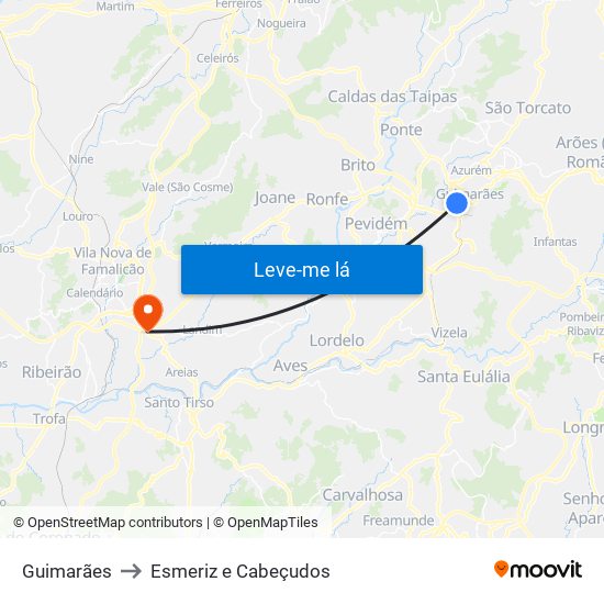 Guimarães to Esmeriz e Cabeçudos map