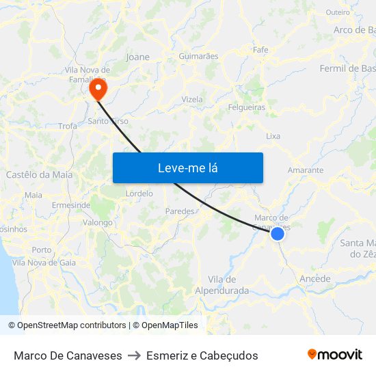 Marco De Canaveses to Esmeriz e Cabeçudos map