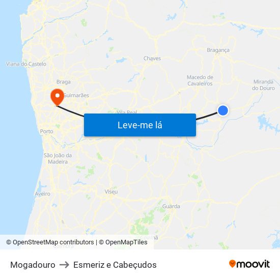 Mogadouro to Esmeriz e Cabeçudos map