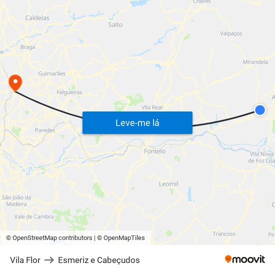 Vila Flor to Esmeriz e Cabeçudos map