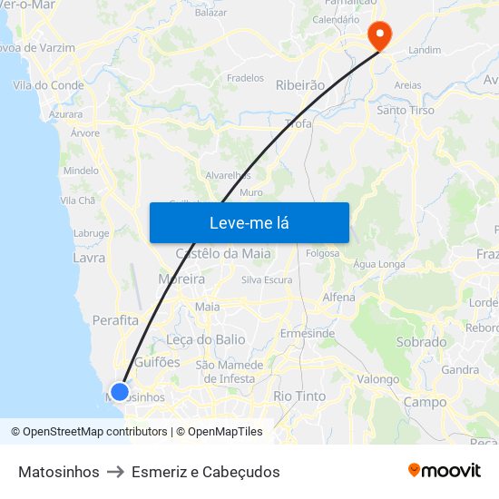 Matosinhos to Esmeriz e Cabeçudos map
