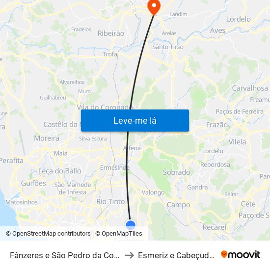 Fânzeres e São Pedro da Cova to Esmeriz e Cabeçudos map