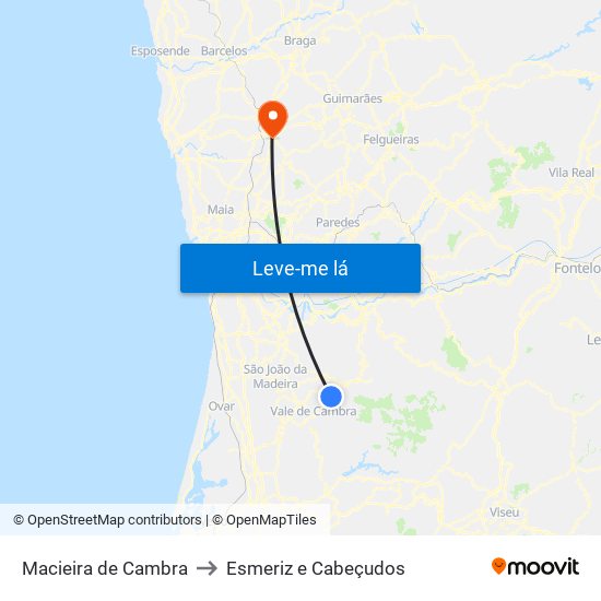 Macieira de Cambra to Esmeriz e Cabeçudos map