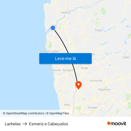 Lanhelas to Esmeriz e Cabeçudos map